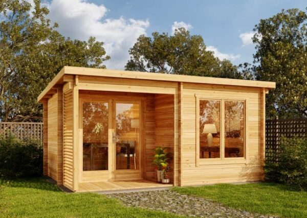 Abri de jardin Orkus-44 Petite Alpholz, 4.9x3.5m dim. ext. (cas échéant incl. débord de toit) naturel, 44mm, 17,2m² superficie totale