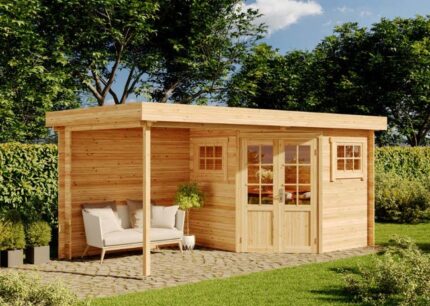 Abri de jardin pentagonal Mosel-28 toit plat Alpholz, 5.2x2.7m dim. ext. (cas échéant incl. débord de toit) imprégné, 28mm, 14,2m² totale