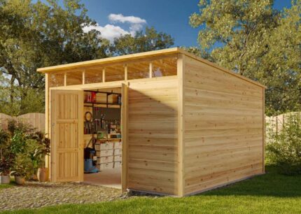 Cabane à outils Q Line Alpholz, 3.7x3.4m dim. ext. (cas échéant incl. débord de toit) naturel, épaisseur paroi : 28mm, 12,6m² totale