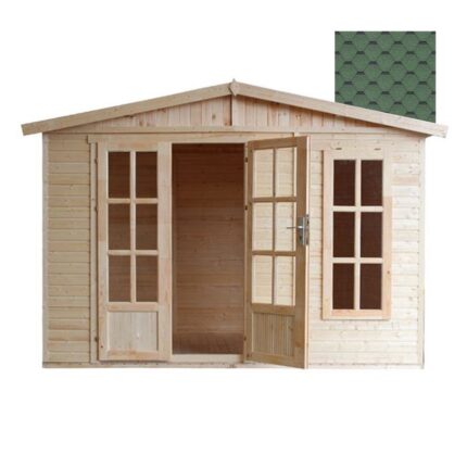 TIMBELA M334FB Cabane en bois avec plancher, avec bardeaux bitumineux couleur VERT l332xP222xH232cm/6m2, Abri en bois de jardin multifonctionnel