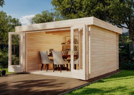 Abri de jardin Java-44 A ISO avec grande porte accordéon Alpholz, 4.1x3.5m dim. ext. (cas échéant incl. débord de toit) naturel, 44mm, 14,4m²