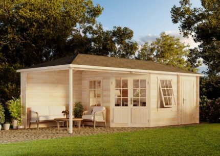 Abri de jardin pentagonal Rhein-40 avec extension Alpholz, 7.3x3.2m dim. ext. (cas échéant incl. débord de toit) naturel, 40mm, 23,6m² totale