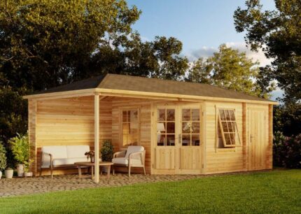 Abri de jardin pentagonal Rhein-40 avec extension Alpholz, 7.3x3.2m dim. ext. (cas échéant incl. débord de toit) imprégné, 40mm, 23,6m² totale