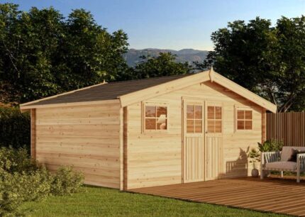 Cabane à outils Hudson Alpholz, 5.3x4.1m dim. ext. (cas échéant incl. débord de toit) naturel, épaisseur paroi : 28mm, 21,6m² totale