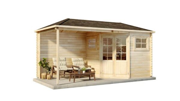 Abri de jardin pentagonal avec extension Franz-28 Alpholz, 5.3x2.8m dim. ext. (cas échéant incl. débord de toit) imprégné, 28mm, 14,4m² totale