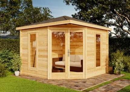 Abri de jardin pentagonal Liwa Compact Alpholz, 3x3m dim. ext. (cas échéant incl. débord de toit) imprégné, 40mm, 9,1m² superficie totale