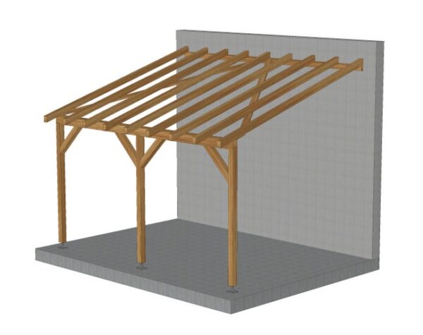 Toit de terrasse en bois adossé de 4m par 3m, avec pente, tuilable, classe 3 marron