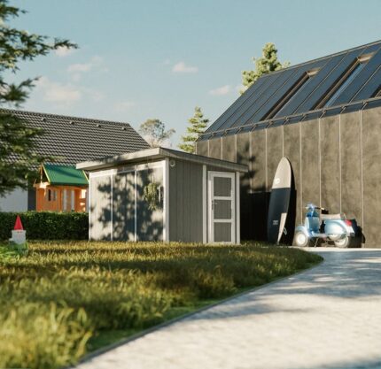 Abri de jardin à base de bois en panneaux LP SmartSide 9 m² - avec sol et tuiles bitumineuses L412xL279xH237 cm - Timbela M904 -tundra grey