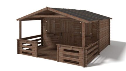 Abri de jardin en bois - 4x3 m + terrasse avec balustrade et avant-toit en bois - 20 m2 - Traité - DOM418+DOM78+DOM79+POD05 - ALTANKA