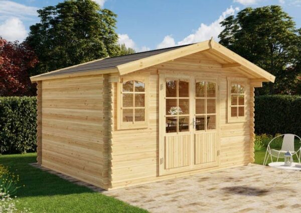 Abri de jardin Mirko-28 Alpholz, 4.2x3.5m dim. ext. (cas échéant incl. débord de toit) imprégné, épaisseur paroi : 28mm, 14,7m² totale