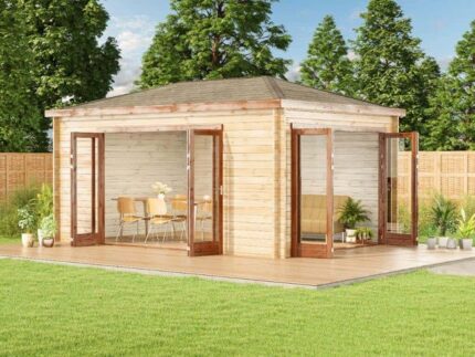 Abri de jardin ISO Sunrise Alpholz, 5x3.5m dim. ext. (cas échéant incl. débord de toit) naturel, épaisseur paroi : 40mm, 17,6m² totale