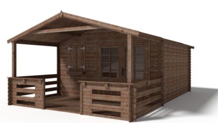 Abri de jardin en bois - 4x4 m + terrasse avec balustrade et avant-toit en bois - 24 m2 - Traité - DOM181+DOM78+DOM79+POD05 - ALTANKA