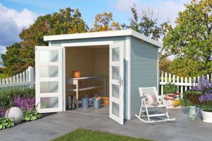 Abri de jardin Zambezi 5 Lasita Maja, 2.7x3.2m dim. ext. (cas échéant incl. débord de toit) naturel, 28mm, 8,6m² superficie totale