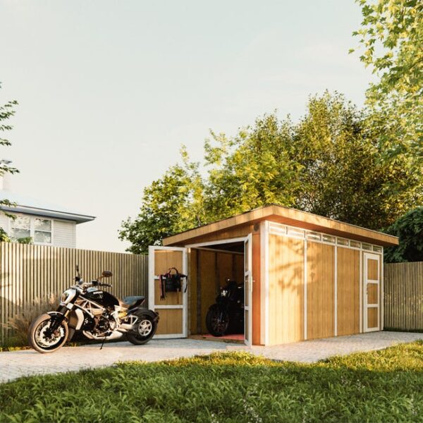 Abri de jardin à base de bois en panneaux LP SmartSide 8.52 + 2.95 m² - Garage Moto Exterieur Timbela M905C - HARVEST HONEY