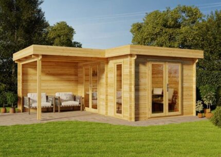 Abri de jardin à toit plat Quinta Petite ISO Alpholz, 5.8x4.8m dim. ext. (cas échéant incl. débord de toit) imprégné, 44mm, 27,3m² totale
