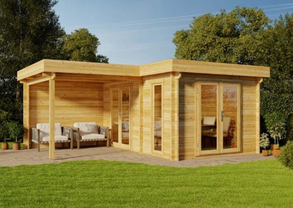 Abri de jardin à toit plat Quinta Petite ISO Alpholz, 5.8x4.8m dim. ext. (cas échéant incl. débord de toit) imprégné, 44mm, 27,3m² totale
