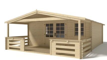 Abri de jardin en bois - 5x5 m + terrasse avec balustrade et avant-toit en bois - 35 m2 - DOM591+DOM600+DOM601+POD04 - ALTANKA