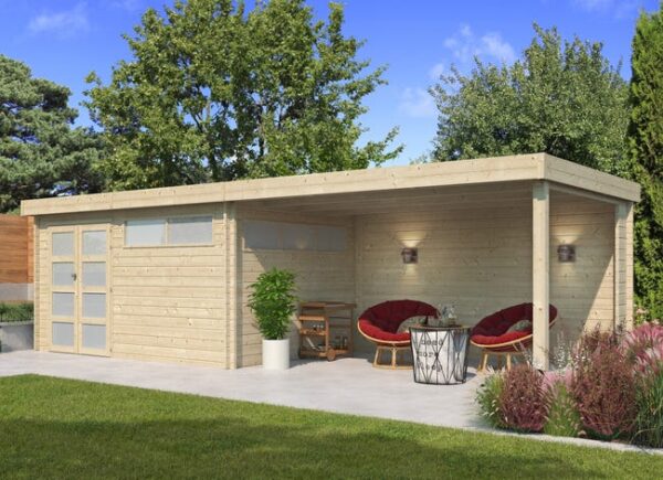 Abri jardin bois toit acier + auvent 24m2