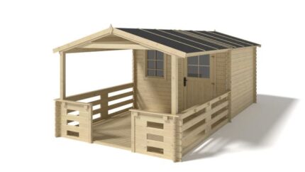 Abri de jardin en bois - 3x2,50 m + terrasse avec balustrade et avant-toit en bois - 16,50 m2 - DOM469+DOM394+DOM395+POD04 - ALTANKA