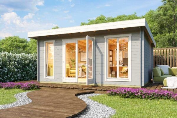 Abri de jardin en bois 18,9m² avec double porte, fenêtres et toit plat