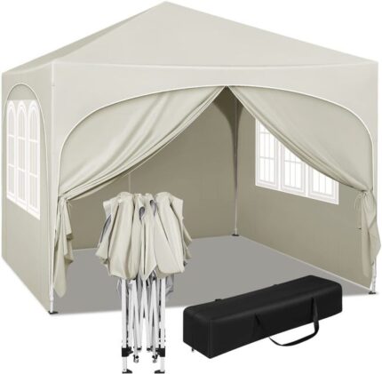 Tonnelle de Jardin,Pergola Pliante 3x3m avec 4 Parois Latérales, Hauteur Réglable, Imperméable, Protection de UV. Beige,WOLTU