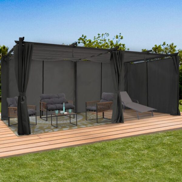 Pergola édition limitée toit rétractable 3x6 M et 6 rideaux gris anthracite