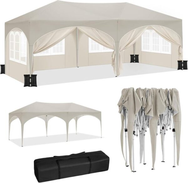 Tonnelle de Jardin 3x6m ,Tonnelle Pliante avec 6 Parois Latérales et 4 Sacs de Sable,Hauteur Réglable,Imperméable,Protection de UV,Beige,WOLTU