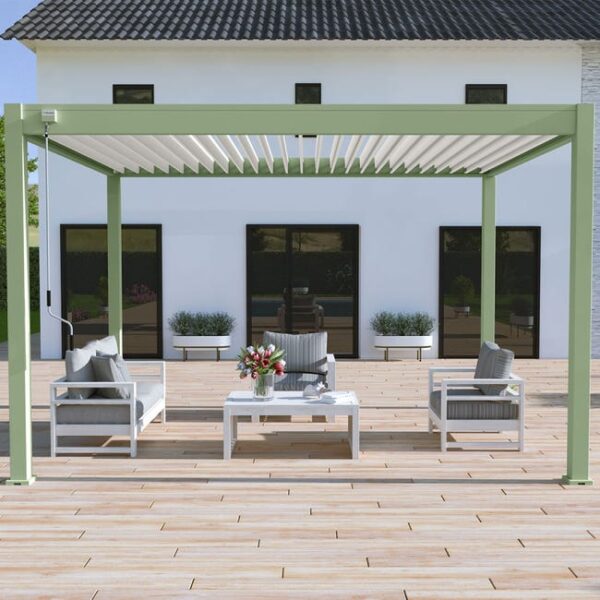 Pergola bioclimatique Ombréa autoportante VS - 3x4M Vert jade + 1 store 4M blanc-