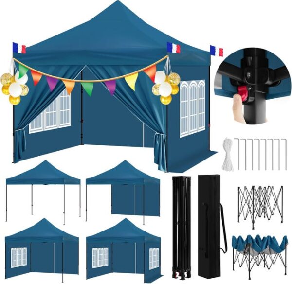 Tonnelle de Jardin Extérieur, 3x3m, Tente de Réception Imperméable, Pergola, Barnum Pliant, Hauteur Réglable,Bleu,WOLTU