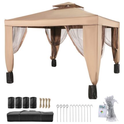 VEVOR Pavillon de jardin 10x10pi, Bâche imperméable brune, Tonnelles de jardin pavillon Gazebo moustiquaire, protéger pluie et du soleil fermetures