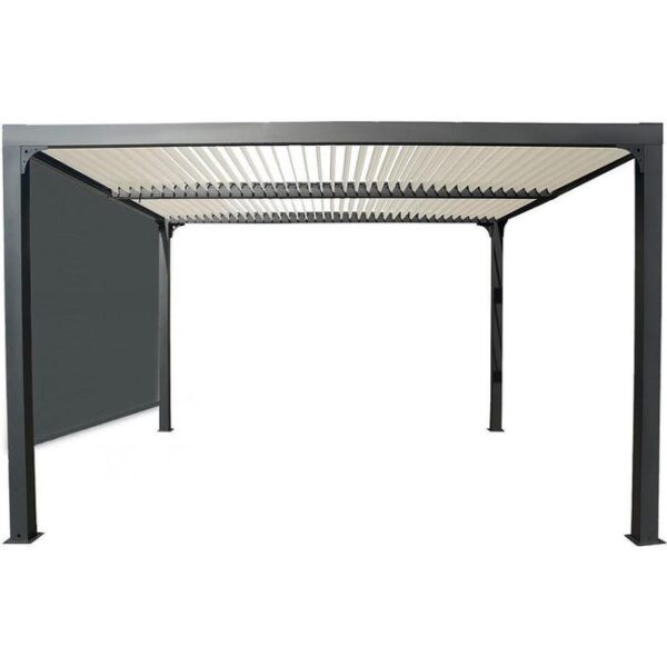 Pergola bioclimatique Habrita Foresta PER 3630 R BI W aluminium 10,80m2 toiture écru avec rideau manuel gris pour côté 3m