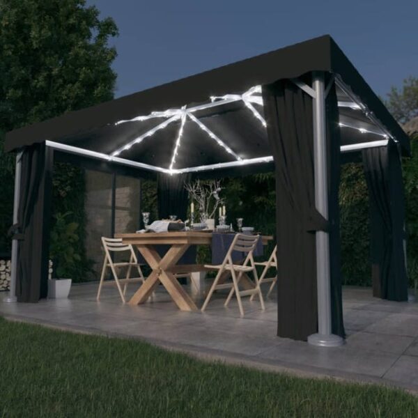The Living Store - Tonnelle avec rideau et guirlande lumineuse LED 4x3m Anthracite