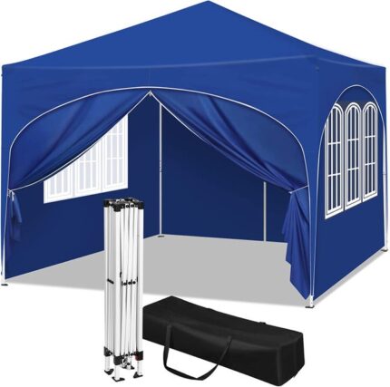 Tonnelle de Jardin,Pergola Pliante 3x3m avec 4 Parois Latérales,Hauteur Réglable,Imperméable,Protection de UV,Bleu,WOLTU