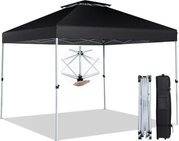 Tonnelle de Jardin 305 X 305 CM, Toit Double Ventilé, Tente Pavillon Pliant Pop-up avec Hauteur Réglable, Sac de Transport Inclus(Noir)