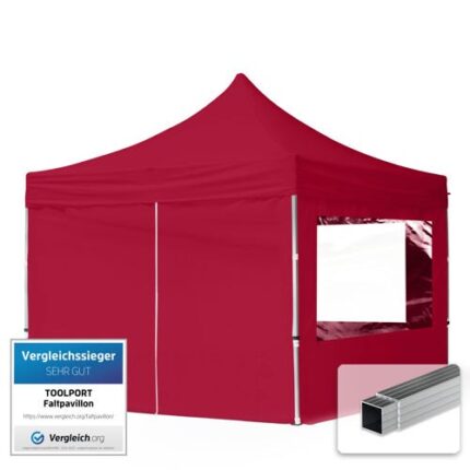 3x3 m Tonnelle Barnum Tente pliante Alu, PES 700, 4 côtés panoramiques, rouge