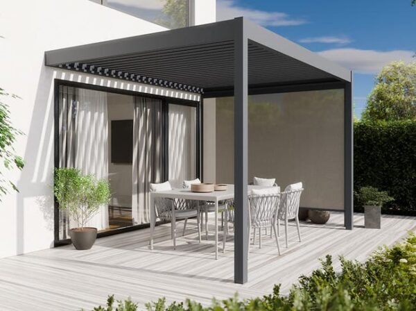 Pergola Bioclimatique Aluminium Adossee 12m2 - 3x4m - Store lateral inclus - 29 lames en Acier Galvanisé Inclinables a 90° - Tonnelle - ZENITH
