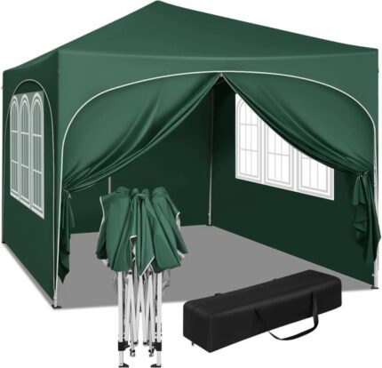 Tonnelle de Jardin, Pergola Pliante 3x3m avec 4 Parois Latérales, Hauteur Réglable, Imperméable, Protection de UV. Vert,WOLTU