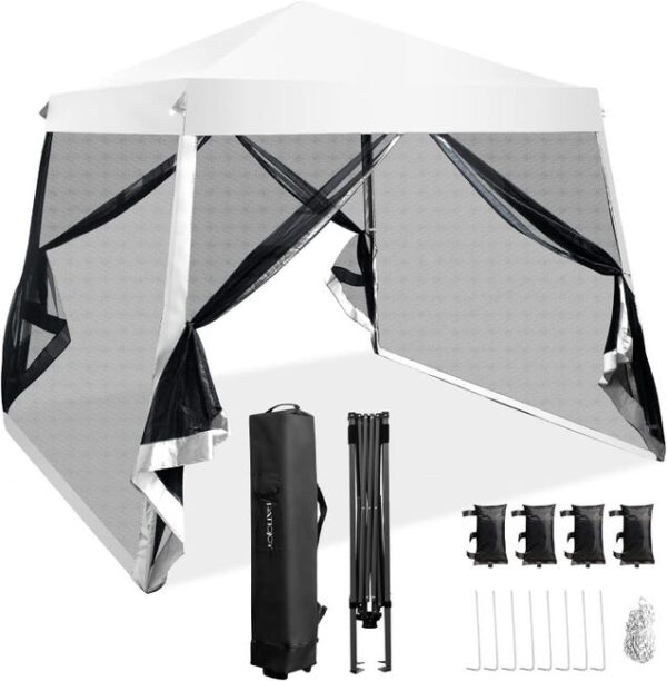 Tonnelle 3x3m de Jardin avec Mousquetaire Amovibles 8-10 Personnes-Barnum Pliable avec Sac Rangement à Roues Anti - UV pour Pique niques/Fête,Blanc