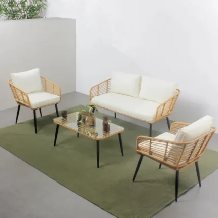 Salon de jardin 4 places canapé et chaises effet rotin avec coussins conforts SITIA