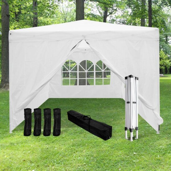 Tonnelle pliante 3x3m 160 g/m2 Blanche + 4 parois + Kit de Lestage