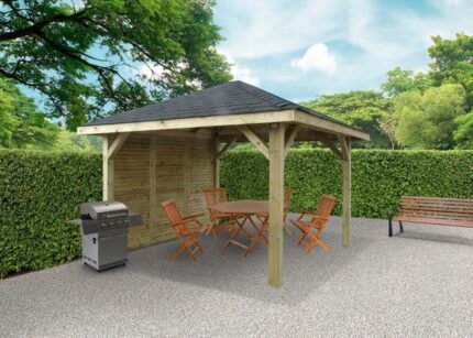 Pavillon en bois - 12,05 m2 - 3,47X3,47m - Ep. 120x120 mm - bois autoclavé - couleur naturel - toiture shingle noir - avec 1 paroi - SOLID