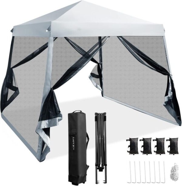 Tonnelle de Jardin 3x3m avec Mousquetaire Amovibles pour 8-10 Personnes, Sac Rangement à Roues Anti - UV pour Pique niques, Camping (Gris, 300x300cm)