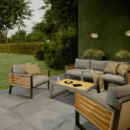 Salon bas de jardin en aluminium et teck Ionis NATERIAL, 5 personnes
