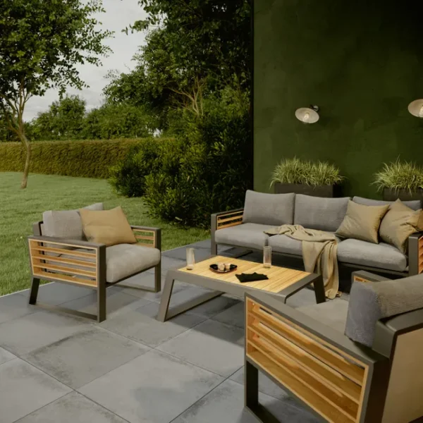 Salon bas de jardin en aluminium et teck Ionis NATERIAL, 5 personnes
