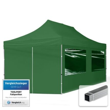 3x6 m Tonnelle Barnum Tente pliante Alu, PES 700, 4 côtés panoramiques, vert foncé