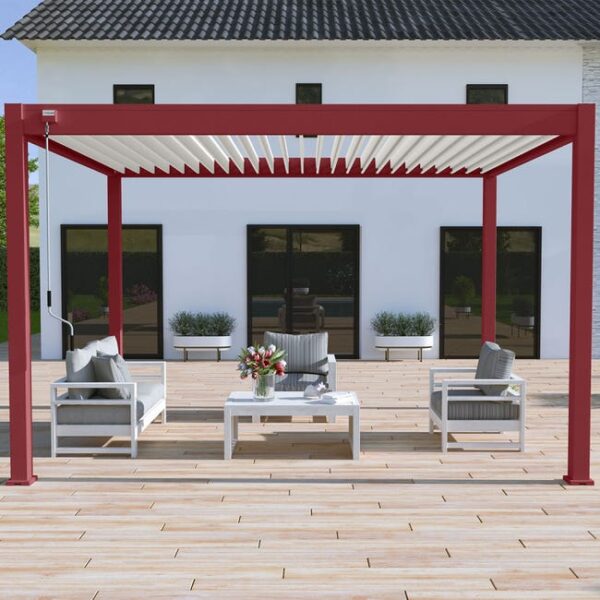 Pergola bioclimatique Ombréa autoportante VS - 3x4M Rouge basque + 1 store 4M blanc-