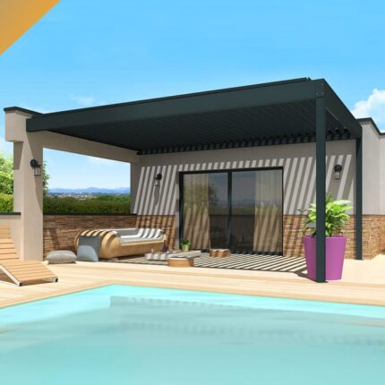 Pergola Bioclimatique SPINELLE 4,50x4,987 M Verins à Télécommande (Gris Anthracite)