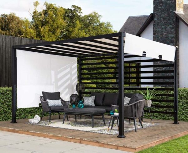 Pergola Oeta Sunjoy, 3.7x3.1m dim. ext. (cas échéant incl. débord de toit) revêtu par poudre, épaisseur paroi : 11,3m² superficie totale
