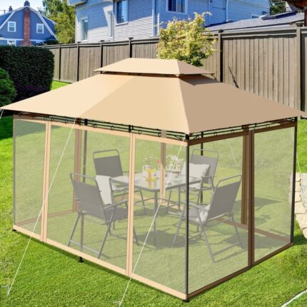 Tonnelle Jardin Pergola Moustiquaires Amovibles 3,9x2,9x2,7m Café CW42059