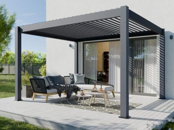 Pergola Bioclimatique Aluminium Autoportée 12m2 - 3x4m - Anthracite - 24 lames en Acier Galvanisé Inclinables a 90° - Auvent - Tonnelle - ORION